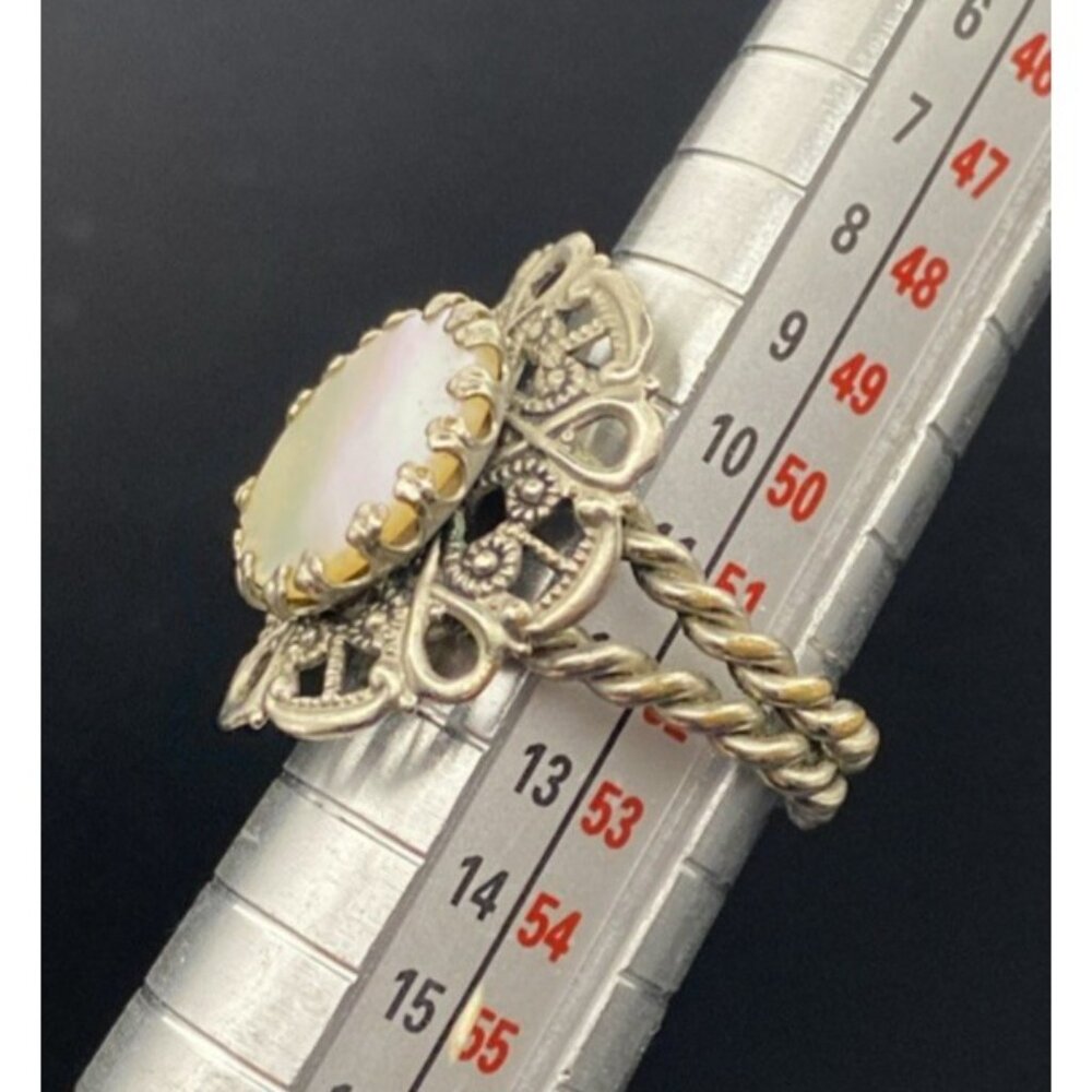Vintage Signed Western Germany Ring MOP Filigree Silver Tone Adjustable LOOK - Picture 9 of 13